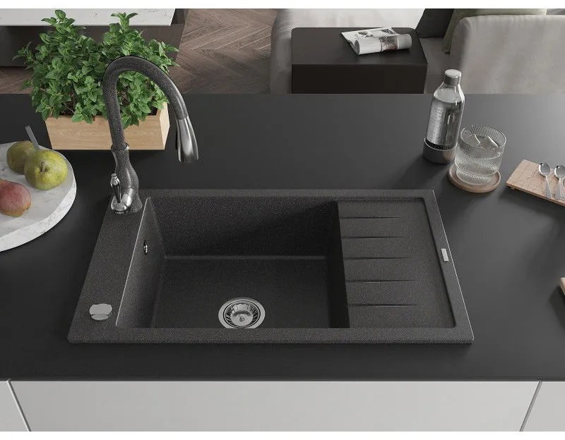 Mexen Elias, 1-komorový granitový drez 795x480x200 mm a drezová batéria Savita, čierna škvrtnitá, 6511-76-672601-76