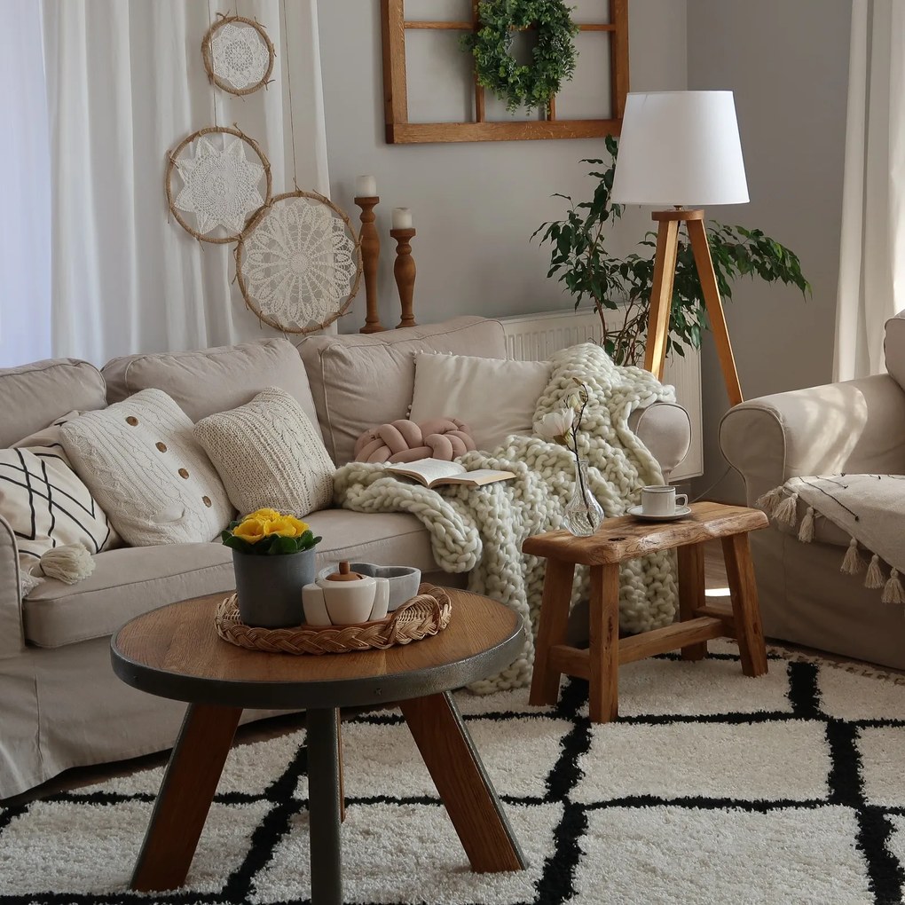 Koberec BERBER CROSS, biely, strapce, Maroko Shaggy