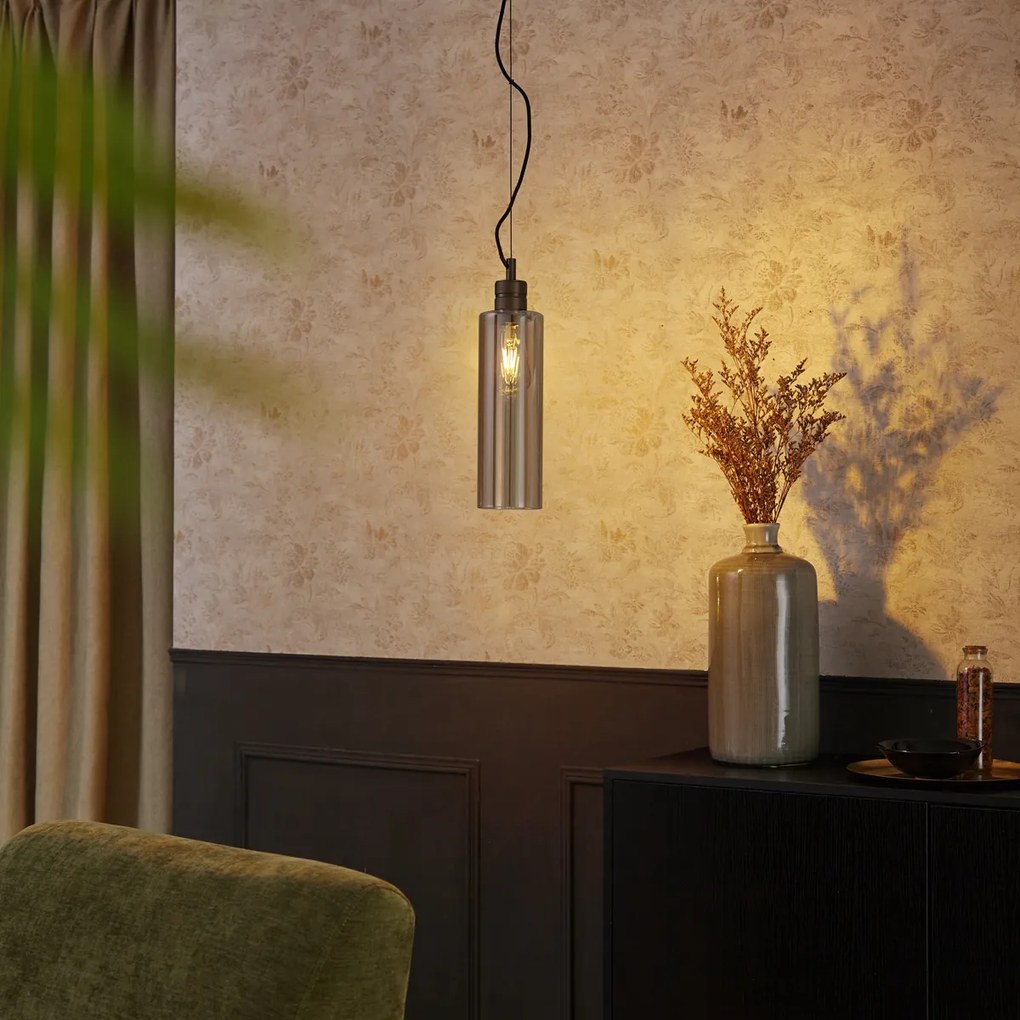 Hotelová elegantná závesná lampa tmavý bronz s jantárovým sklom - Stavelot