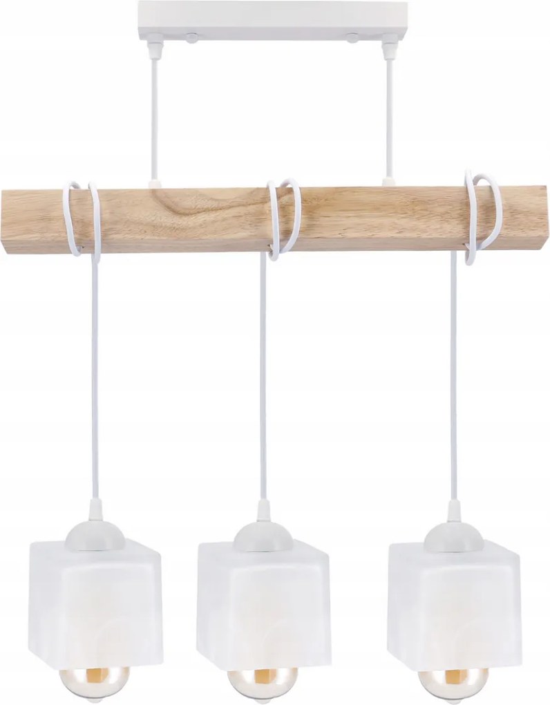 BERGE LED závesné stropné svietidlo, drevený trám, 3xE27, loft, mliečna kocka - biela