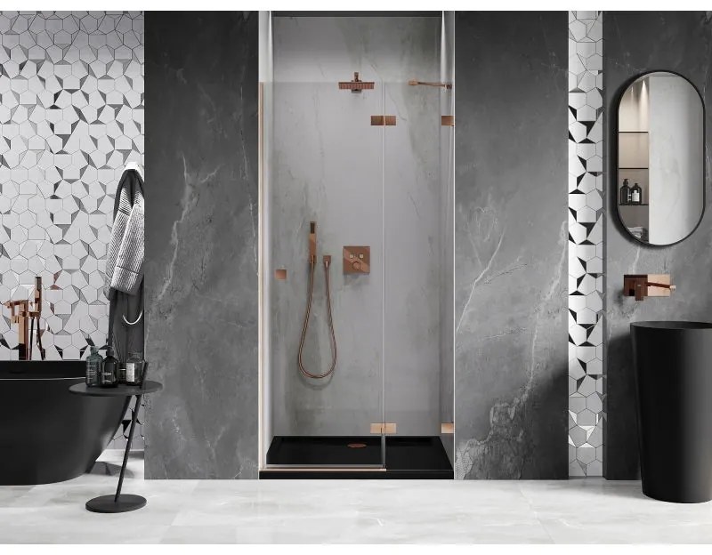 Mexen Lunar, výklopné sprchové dvere pravé 95 cm, 8mm číre sklo, medený matný profil, 834-095-000-65-00-P