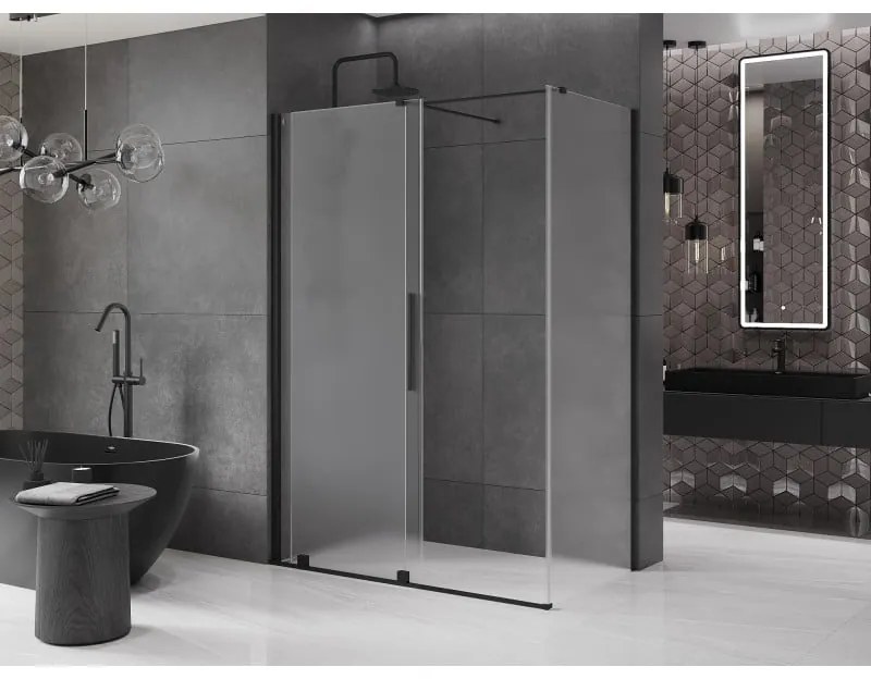 Mexen Velar, sprchový kút s posuvnými dverami 140 x 85 cm, 8mm sklo námraza, čierna matná, 871-140-085-31-70