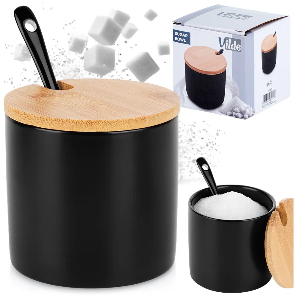 VILDE Keramická cukornička s bambusovým viečkom a lyžičkou, čierna 250ml