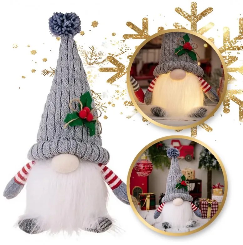 Svietiaci vianočný trpaslík na batérie FROSTIE 28 cm, sivý