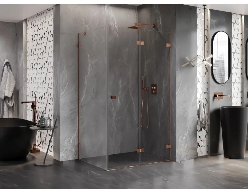 Mexen Lunar-F, 1-krídlový sprchový kút so skladacími dverami, pravý, 90 x 70 cm, 8mm číre sklo, ružové zlato profil, 836-090-070-60-00-P