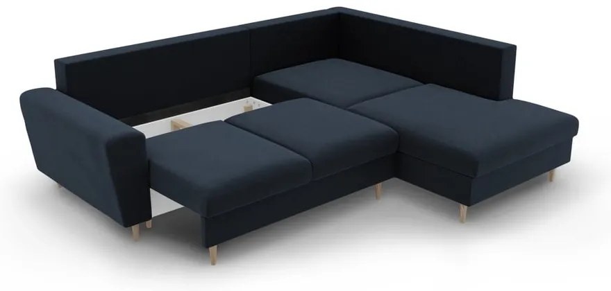 Tmavomodrá zamatová rozkladacia/s úložným priestorom rohová pohovka (pravý roh/do L) Kyoto – Cosmopolitan Design