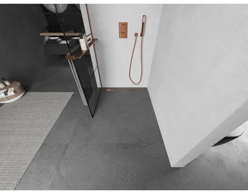Mexen Kioto+, sprchová zástena Walk-In s poličkou a vešiakom 70 x 200 cm, 8mm číre sklo čierny vzor, medený matný profil, 800-070-121-65-77