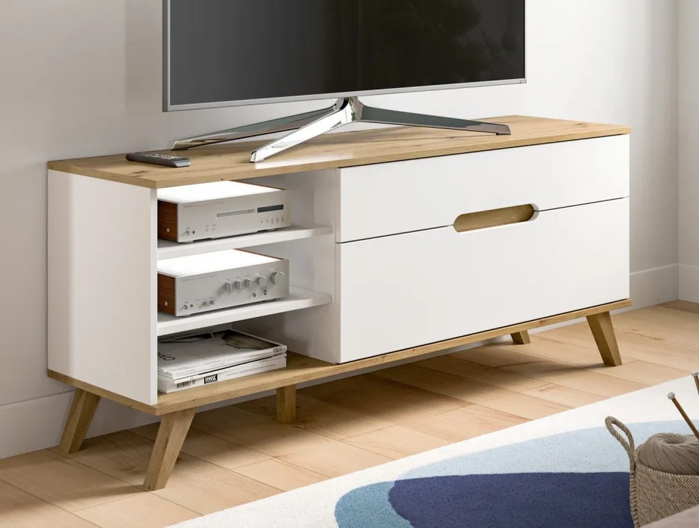 Televizna skrinka Scandi, biela/dub nox
