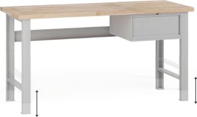 Výškovo nastaviteľný dielenský stôl G7, buková škárovka, 1700 x 685 x 840-1040 mm, 1x kontajner, 1 zásuvka, sivá