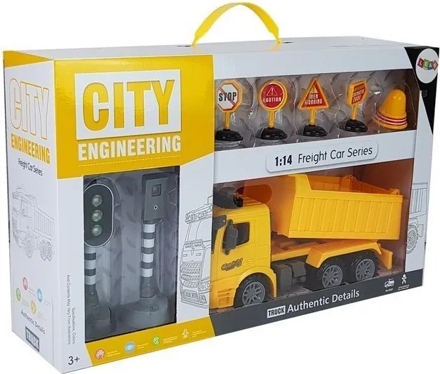 LEAN Toys Súprava sklápacieho nákladiaka 1:14 – dopravné značky, svetlá, radar, žltá