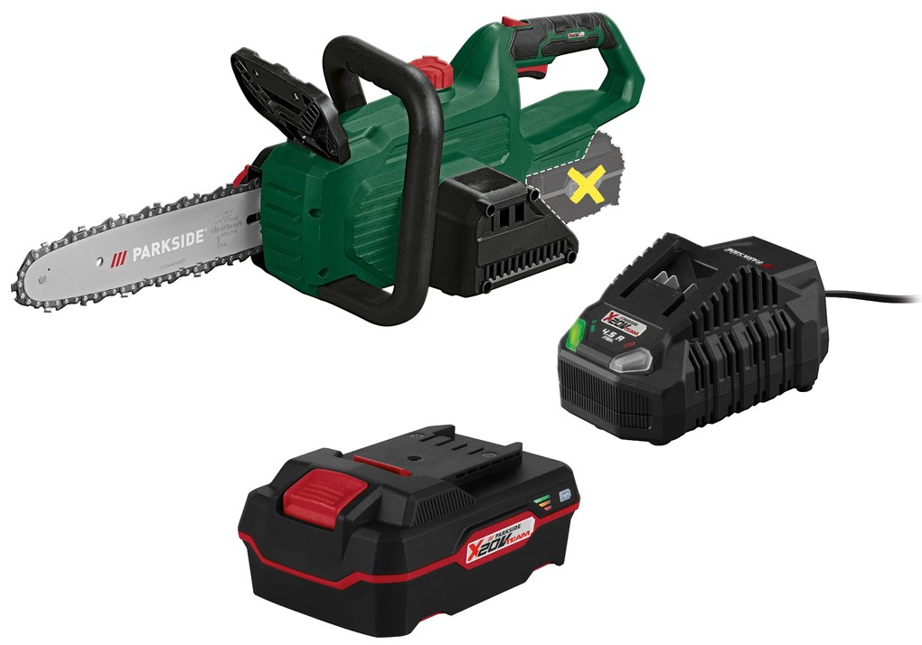 Parkside® Aku reťazová píla Paks 20-Li E5 + Akumulátor 20 V/4 Ah PAP 20 B3 + Nabíjačka akumulátora 20 V/4,5 A PLG 20 C3 (800010630)