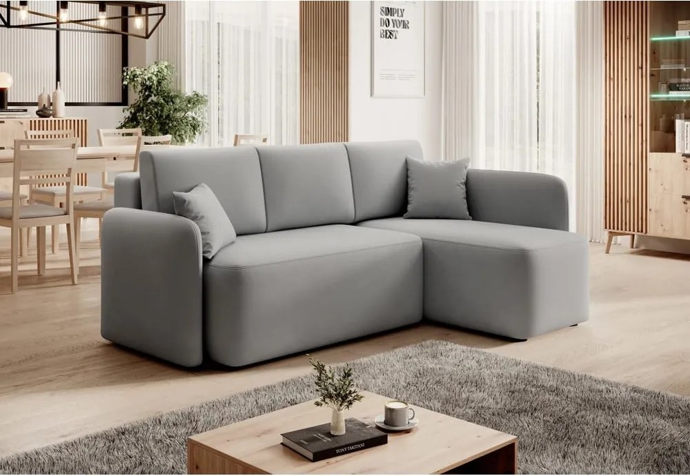 Svetlosivá zamatová rozkladacia/s úložným priestorom rohová pohovka (pravý roh/s leňoškou) Hadson – ELTAP