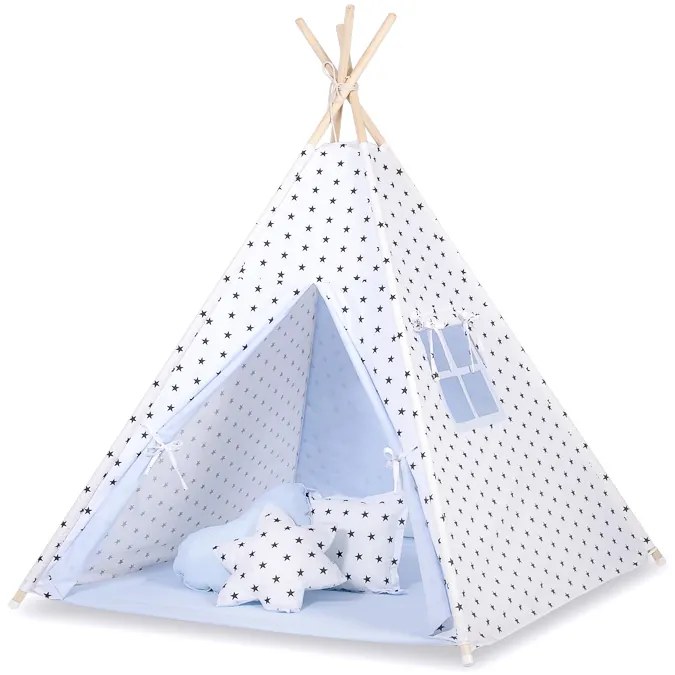 Bobono Stan Teepee pre deti + ozdobné perie - Black Stars/modré