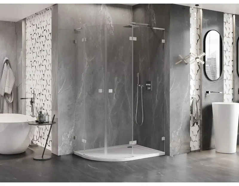 Mexen Lunar, L pravý polkruhový sprchový kút 90 x 80 cm, 8mm číre sklo, oceľový profil, 833L-090P-080L-97-00