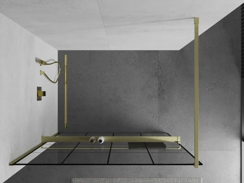 Mexen Kioto+, sprchová zástena Walk-In s poličkou a vešiakom 140 x 200 cm, 8mm číre sklo čierny vzor, zlatý matný profil, 800-140-121-55-77