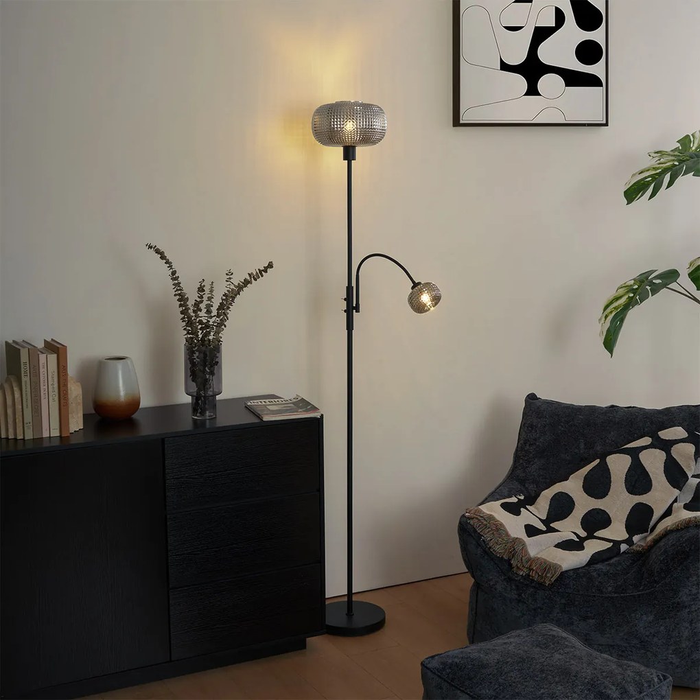Dizajnová stojacia lampa čierna s dymovým sklom 2-svetlá - Brianna