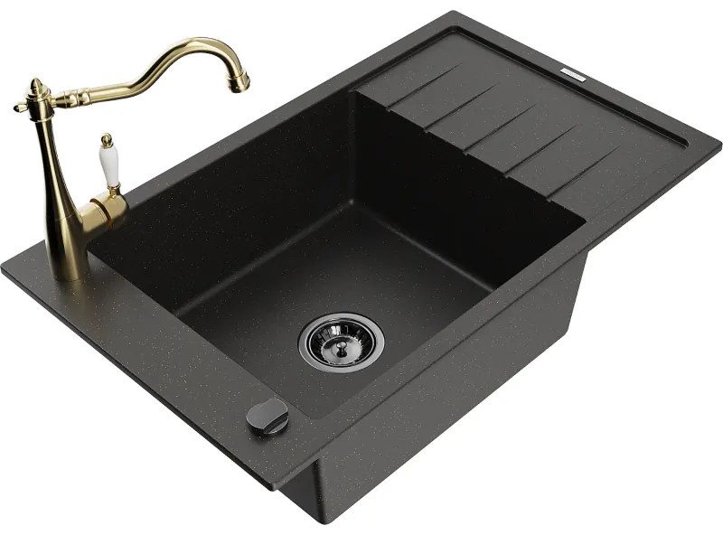 Mexen Elias, granitový drez 795x480x200 mm, 1-komorový a drezová batéria Carla, čierna-zlatá metalíza, 6511-75-670700-50-B