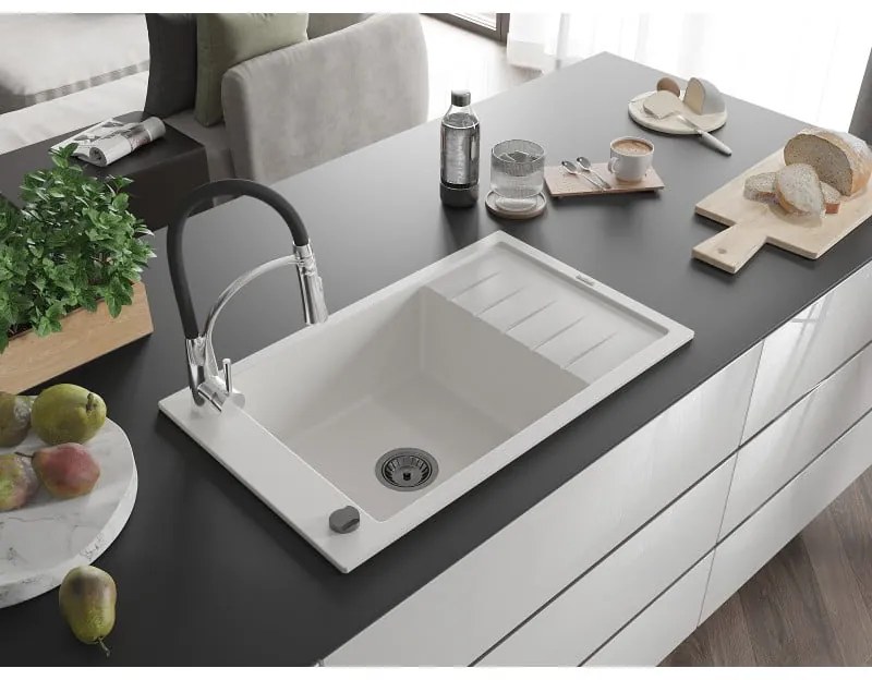 Mexen Elias, 1-komorový granitový drez 795x480x200 mm a drezová batéria Aster, biela, 6511-20-73450-07-B