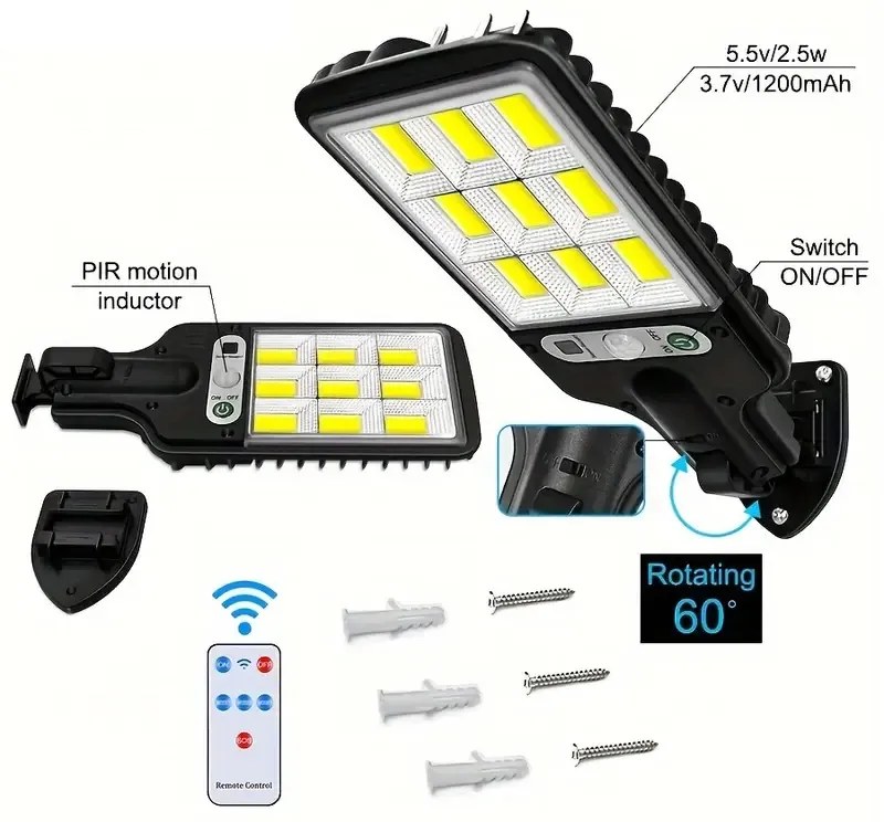 LED nástenná lampa so solárnym napájaním a senzorom pohybu 108COB