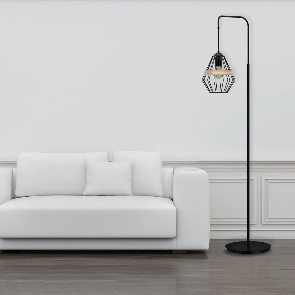 Stojacia lampa Cliff, 1x drevené/čierne drôtené tienidlo, b