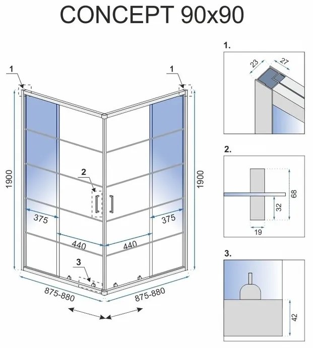 Rea Concept, sprchovací kút 90x90x190 cm, čierny profil + čierna sprchová vanička Savoy, KPL-K1002