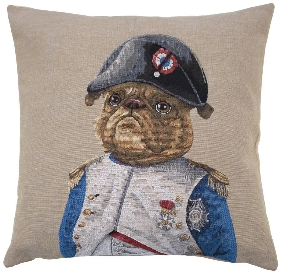 Béžový gobelínový vankúš s motívom buldočka v napoleonskej uniforme - 45 * 15 * 45cm