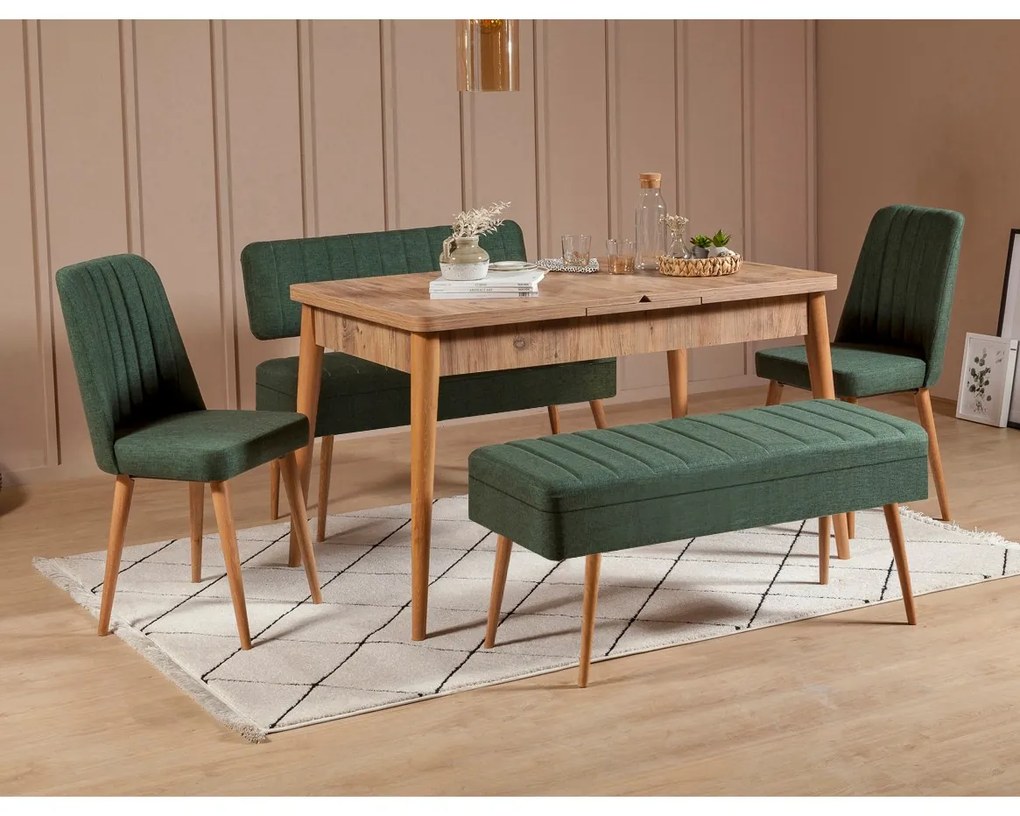 Rozkladací jedálenský stôl s 2 stoličkami a 2 lavicami Vlasta (borovica antlantic + zelená). Vlastná spoľahlivá doprava až k Vám domov. 1073074