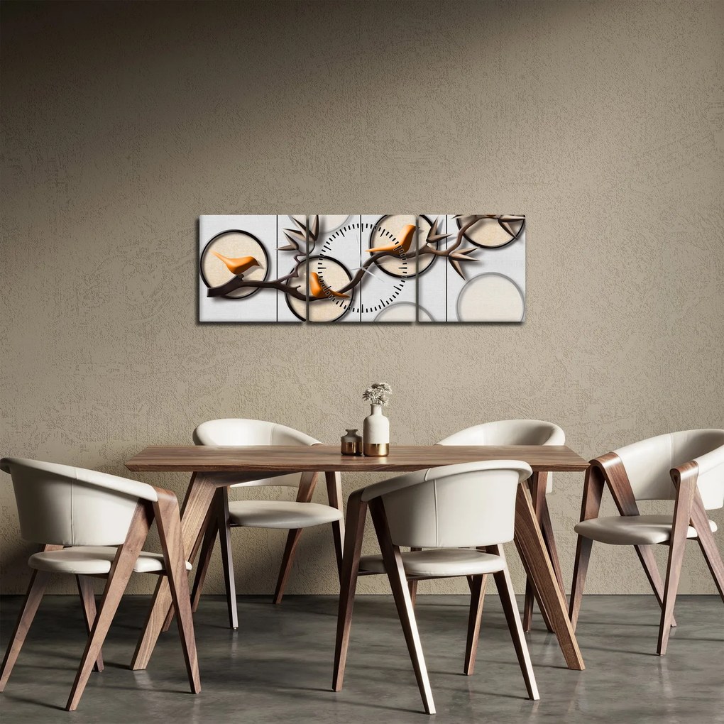 Umelecký obraz - Vtáčiky na vetve (s hodinami) (90x30 cm)