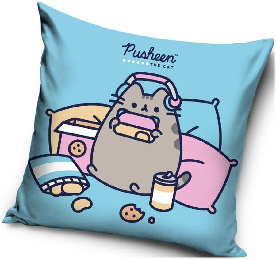Dekoračný vankúš Mačička Pusheen - motív Piknik v posteli - 40 x 40 cm