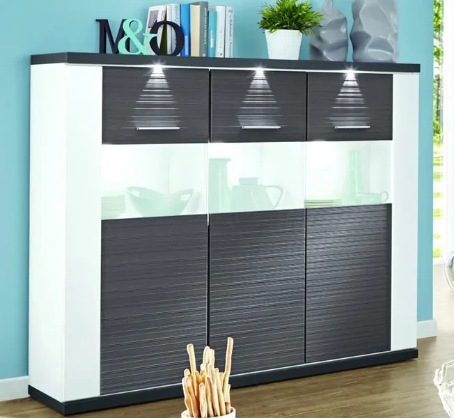 Široká vitrína Caracas typ 22, grafit/biely lesk, s osvetlením