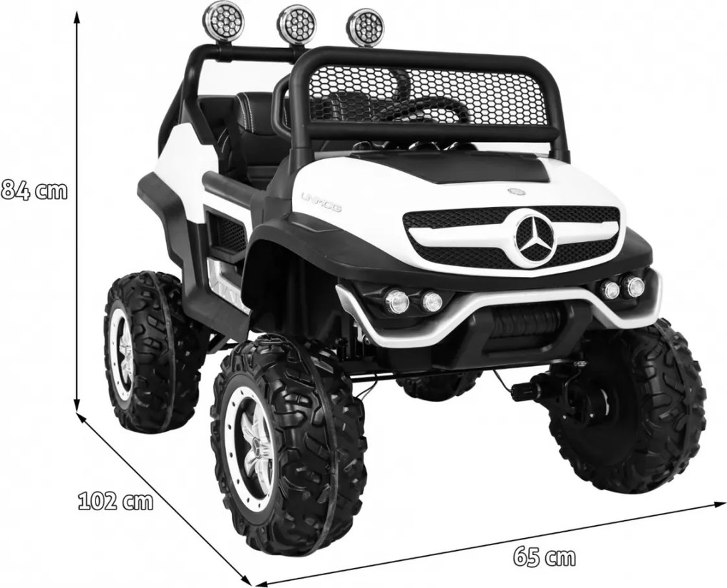 Ramiz Mercedes Benz Unimog pre deti biely + pohon 4x4 + diaľkové ovládanie + nosič batožiny + pomalý štart + MP3 LED