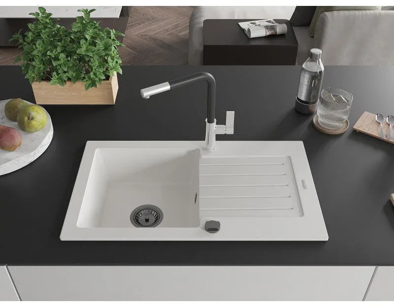 Mexen Pablo, 1-komorový granitový drez 752x436x161 mm a drezová batéria Flora, biela, 6510-20-670401-07-B