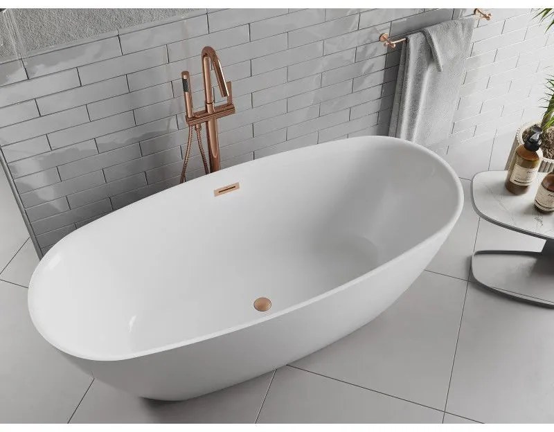 Mexen Luvo Slim, voľne stojaca vaňa 170 × 75 cm, biela lesklá, medený prepad, 52801707500-65