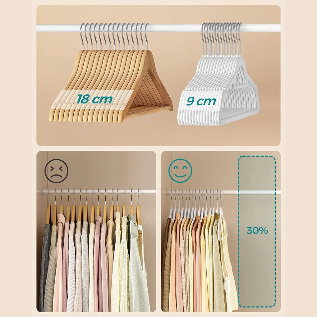 Protišmykové zamatové vešiaky s miestom na kravatu 20 ks, biele