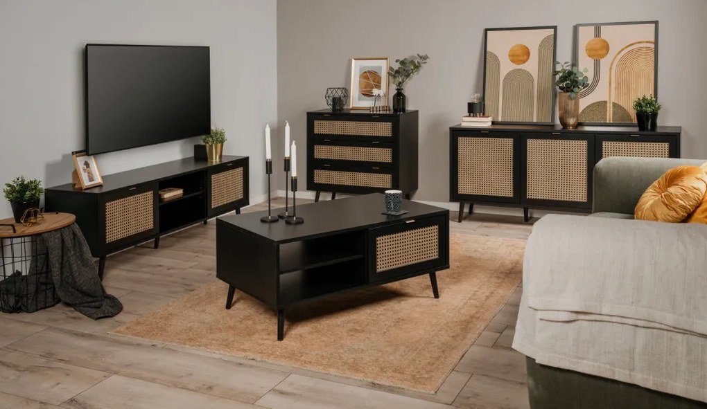 Zásuvková komoda Vienna, čierna/výplet