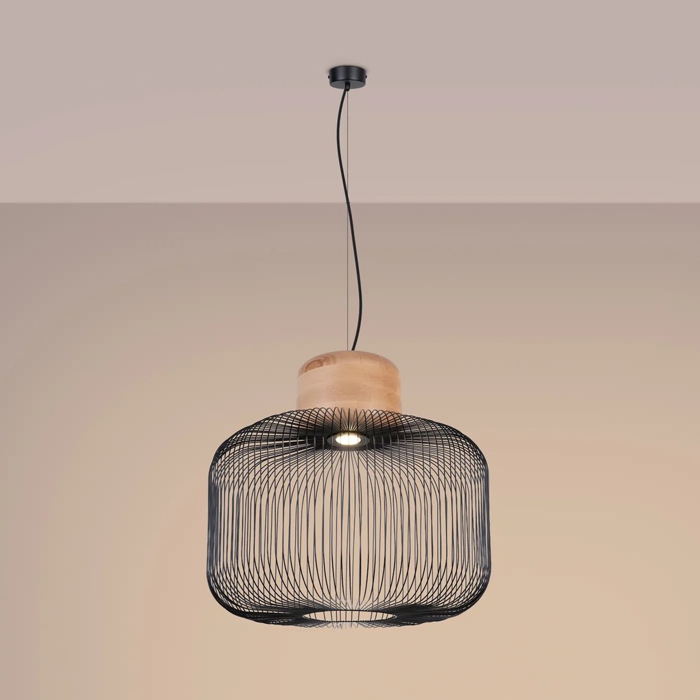 Závesné svietidlo Gabbia, 1x čierne drôtené tienidlo, drevo, (fi 55cm)