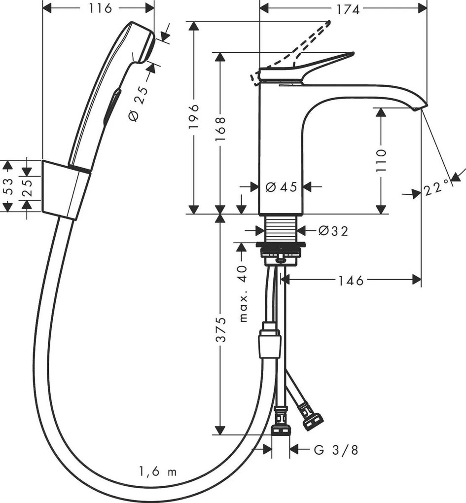 Hansgrohe Vivenis - Páková umývadlová batéria s ručnou sprchou Bidette a sprchovou hadicou 160 cm, chrómová, HAN-75210000