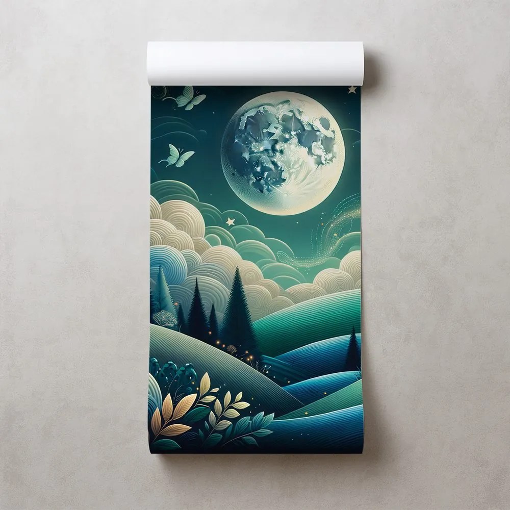 Tapeta nočná rozprávková krajina a lietajúce motýle