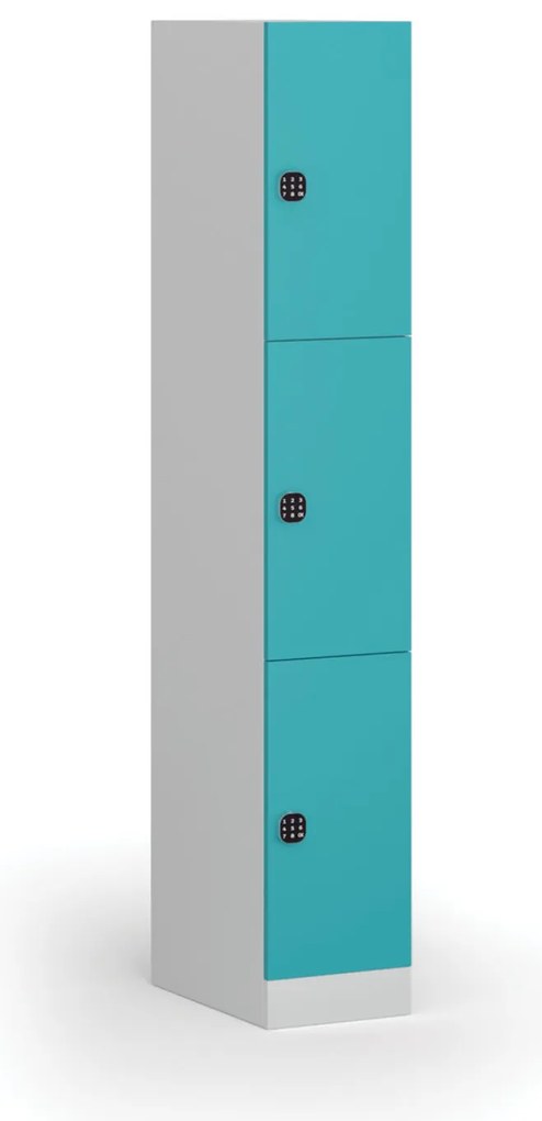 Šatníková skrinka S1 s úložnými boxmi, 3 boxy, 1850 x 300 x 500 mm, demont, kódový zámok, zelené dvere