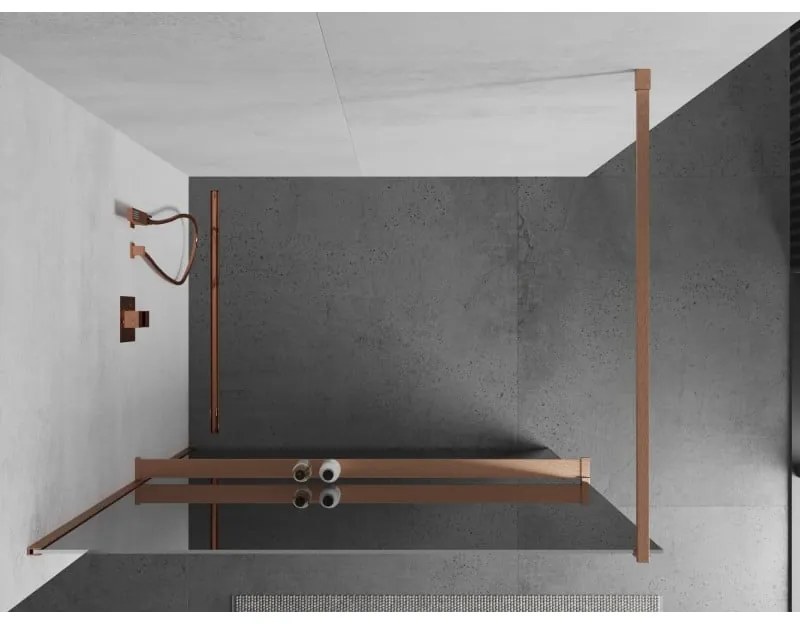 Mexen Kioto+, sprchová zástena Walk-In s poličkou a vešiakom 80 x 200 cm, 8mm sklo vzor zrkadlo, medený matný profil, 800-080-121-65-50