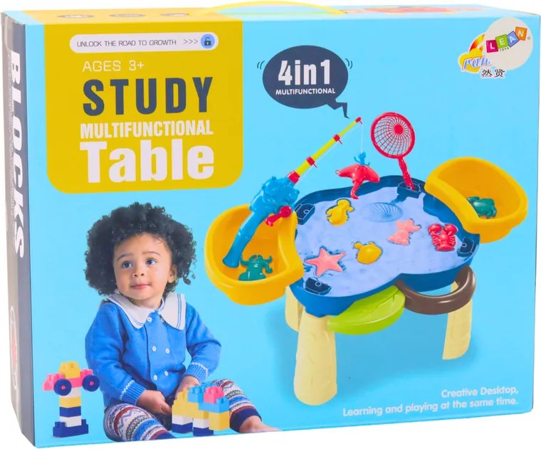 LEAN Toys Multifunkčný stôl 4v1 Bloky Rybárska kresba Modrá