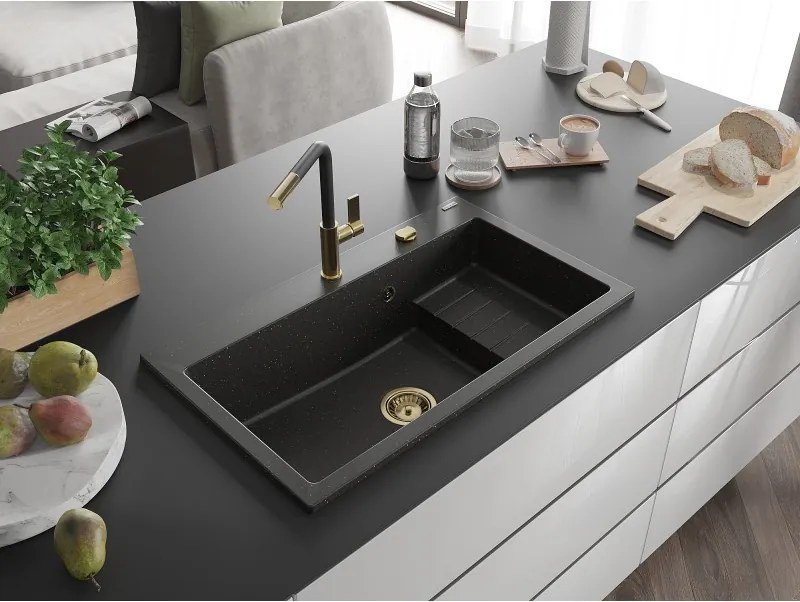Mexen Omar, 1-komorový granitový drez 800x480x210 mm, čierna-zlatá metalíza, zlatý sifón, 6520801005-75-G