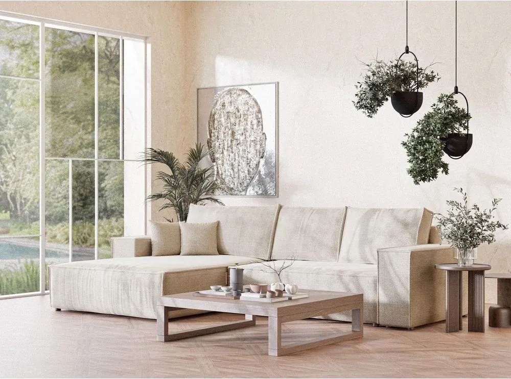 Krémovobiela ženilková rozkladacia/s úložným priestorom rohová pohovka (ľavý roh/s leňoškou) Maze – Maison de Rêve