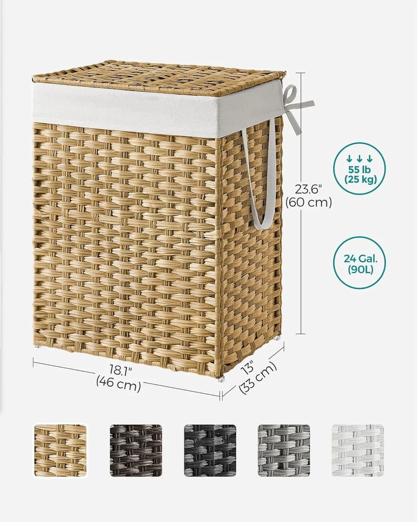 Kôš na bielizeň zo syntetického ratanu, s vekom a rúčkami, skladací, prírodný