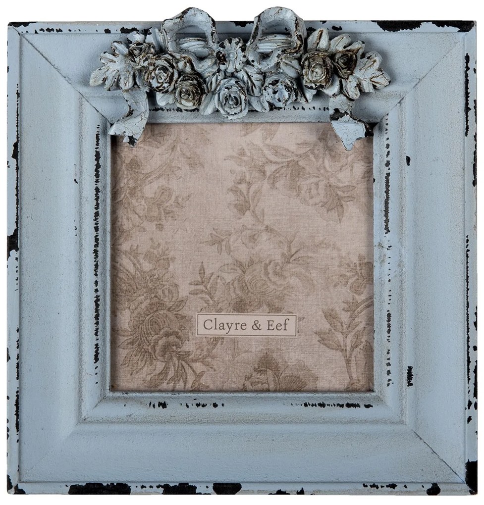 Modrý drevený fotorámček s kvetinou - 16*2*17 cm / 10*10 cm