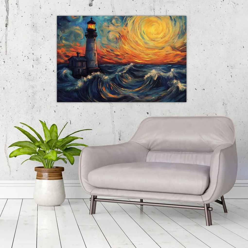 Obraz - Maják vo vlnách (90x60 cm)
