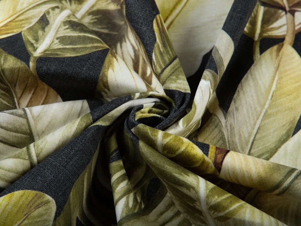 Biante Zamatový oválny obrus Tamara TMR-010 Zlaté tropické listy na zelenom 140x220 cm