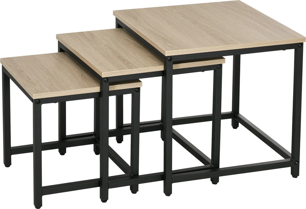 HOMCOM Set 3 stolíkov - Kávový stôl, Oddelený stôl s oceľovým rámom, Priemyselný dizajn, Stôl do obývačky s vzhľadom dreva, Prírodný | Aosom