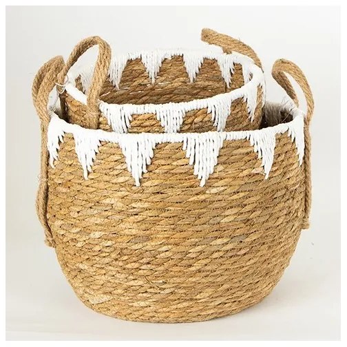 SADA 2x Slamený košík béžová/biela 32x16,5x18/24x23,5x26 cm