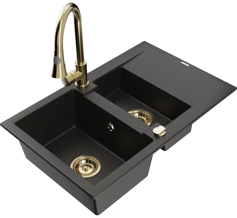 Mexen Gaspar, 1,5-komorový granitový drez 737x475x177 mm a drezová batéria Elia, čierna-zlatá metalíza, 6507-75-670101-50